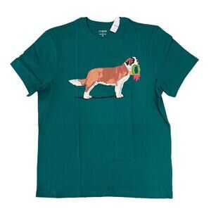 **NWT J. Crew Men's Green W/ Christmas St. Bernard & Wreath Graphic Tee -